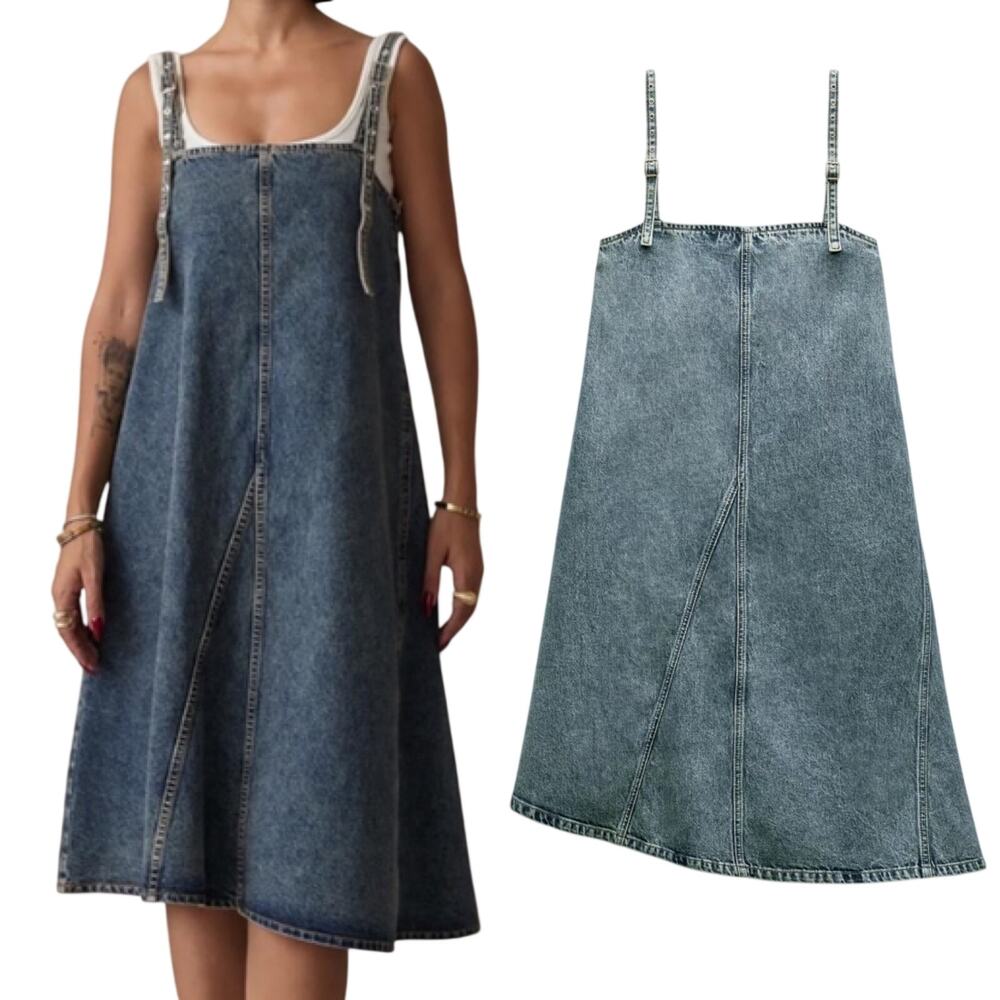ZARA TRF Denim Mini Dress Straight Neck Adjustable Strap Asymmetrical Hem XS